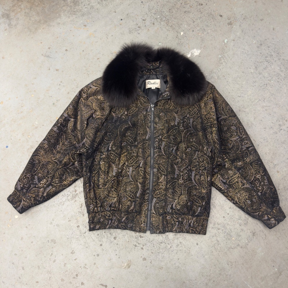 Radlee Vintage Leather Paisley Bomber Jacket Fox Fur Trim Gold Metallic Medium